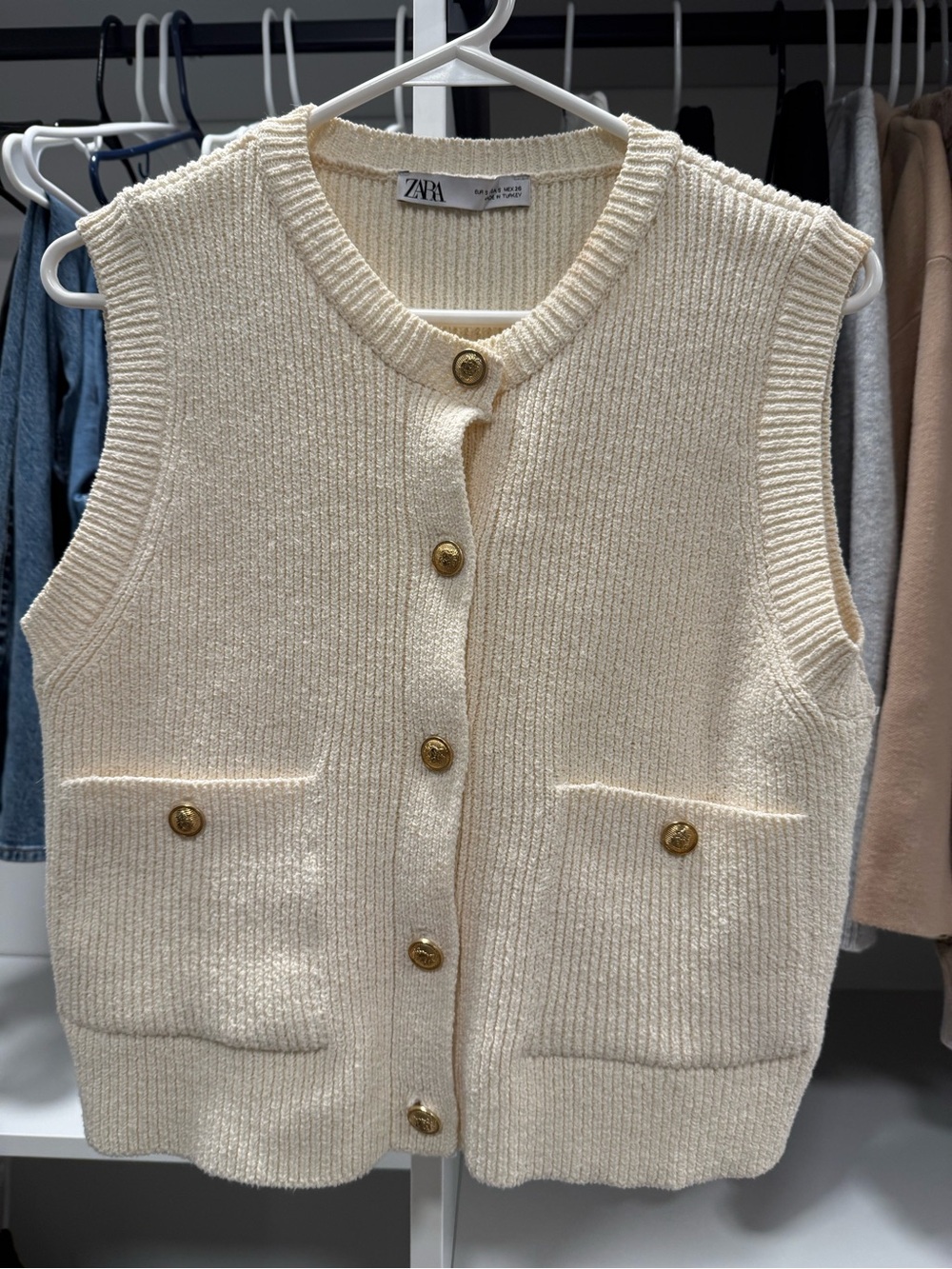 Zara Cream Button-Front Knit Vest with Gold Buttons